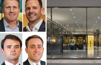 CBRE's Tom Traynor (clockwise from top left), Tom Rugg, Henry Fenmore and Mark Finan, and Lever House at 390 Park Avenue.