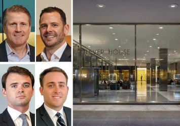 CBRE's Tom Traynor (clockwise from top left), Tom Rugg, Henry Fenmore and Mark Finan, and Lever House at 390 Park Avenue.
