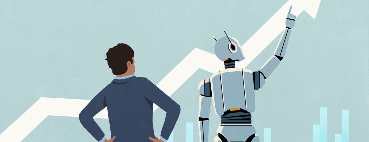 An illustration of a robot looking analyzing data with a businessperson standing next to it.