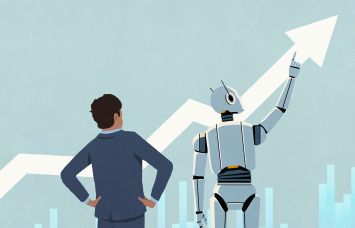 An illustration of a robot looking analyzing data with a businessperson standing next to it.