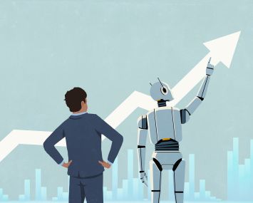 An illustration of a robot looking analyzing data with a businessperson standing next to it.