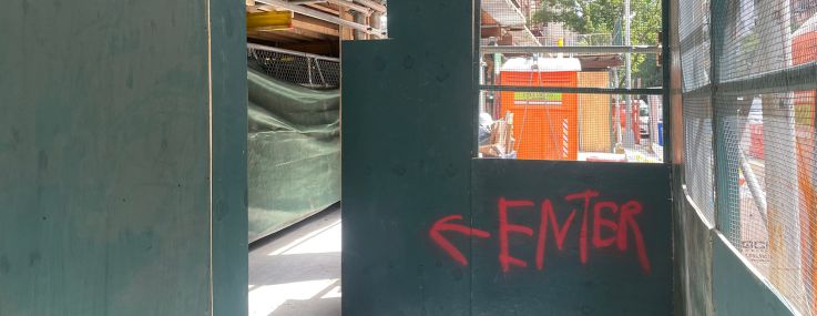 Scaffolding on the Upper East Side in Manhattan, for a new residential building under construction.