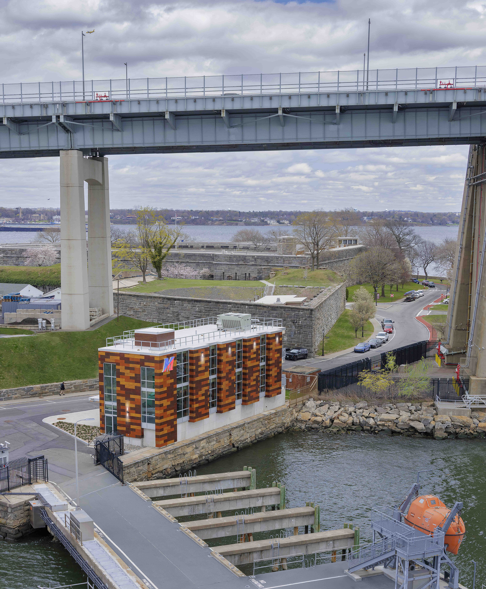 The two-story building is located at the entrance to the college’s East River pier.