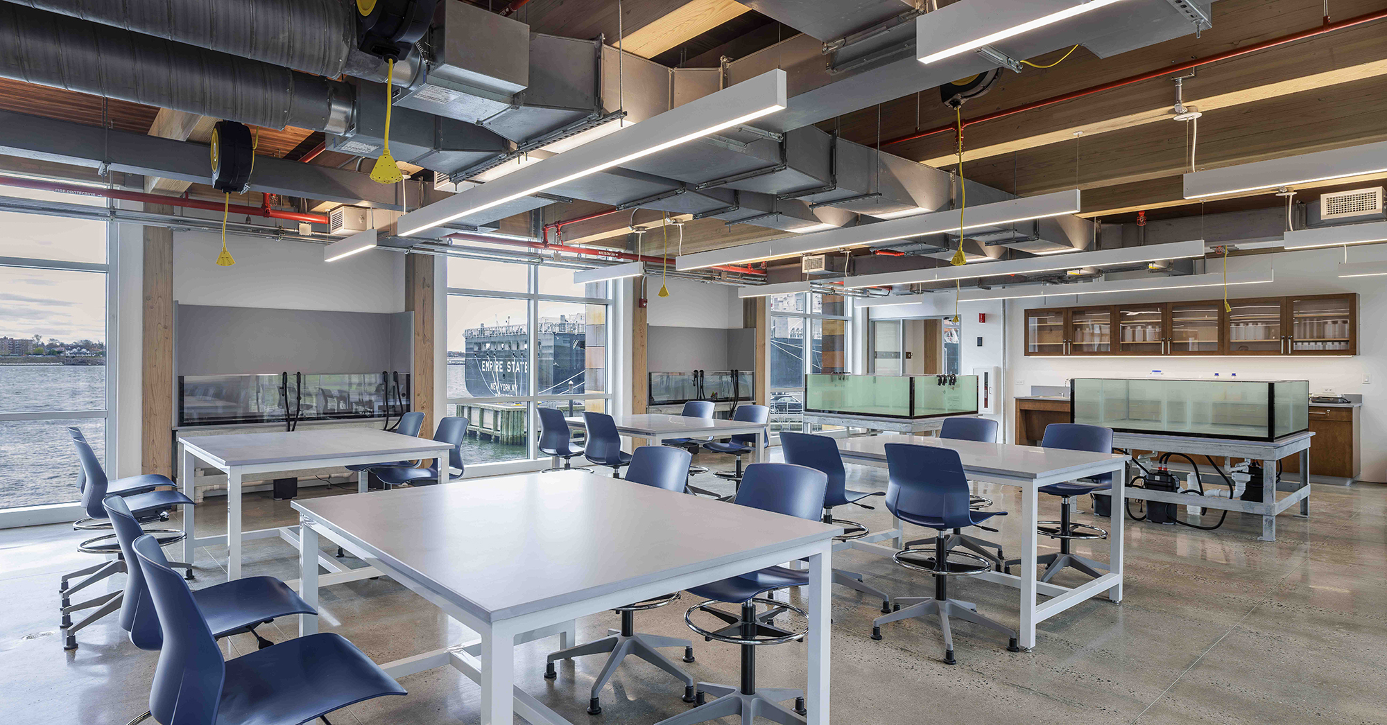 The first floor of the building is home to a wet science laboratory for hands-on learning and experiments.