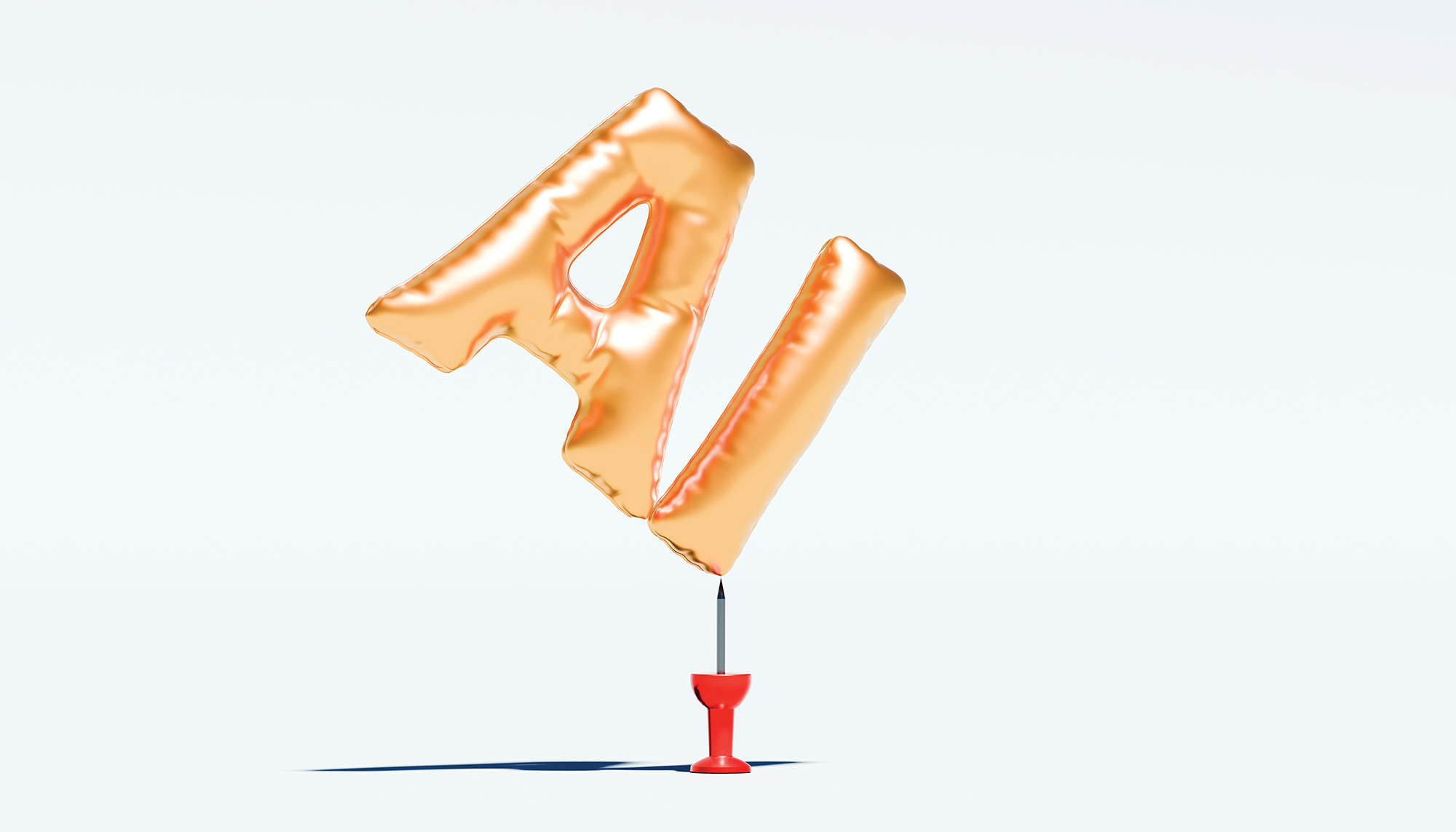 Two balloons shaped like the letters "A" and "I" float above a small pin.