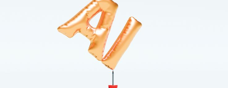 Two balloons shaped like the letters "A" and "I" float above a small pin.