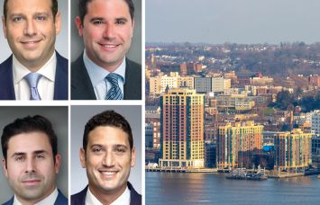 Walker & Dunlop's Aaron Appel (clockwise from top left), Jonathan Schwartz, Adam Schwartz, and Keith Kurland, and the Yonkers, N.Y., waterfront.
