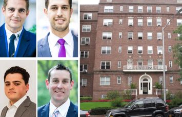 Rosewood Realty's Aaron Jungreis (clockwise from top left), Ben Khakshoor, Mike Kerwin and Alex Fuchs, and 68-64 Yellowstone Boulevard, Queens.