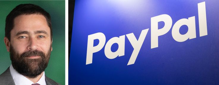 PayPay President and CEO Alex Chriss (top), Hines Senior Managing Director Jason Alderman (bottom), and a PayPal's logo at a trade show.