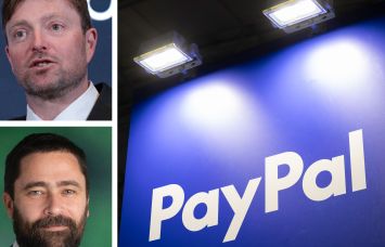 PayPay President and CEO Alex Chriss (top), Hines Senior Managing Director Jason Alderman (bottom), and a PayPal's logo at a trade show.