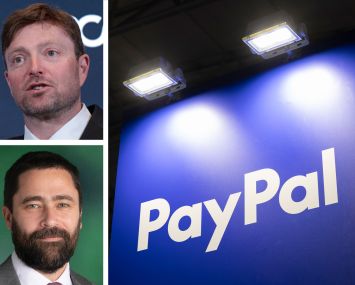 PayPay President and CEO Alex Chriss (top), Hines Senior Managing Director Jason Alderman (bottom), and a PayPal's logo at a trade show.