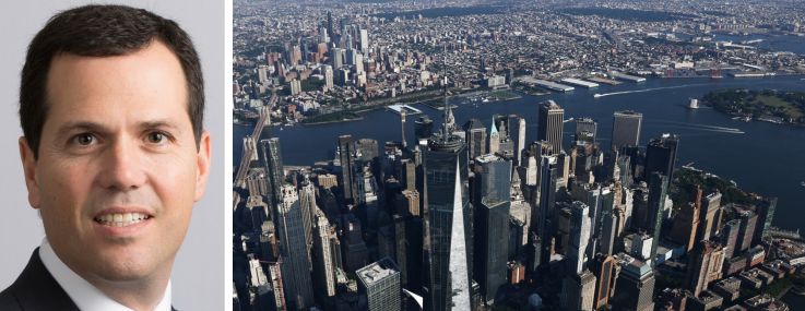 JLL's Andrew Scandalios and an aerial view of lower Manhattan.
