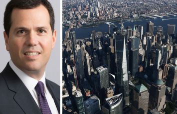 JLL's Andrew Scandalios and an aerial view of lower Manhattan.