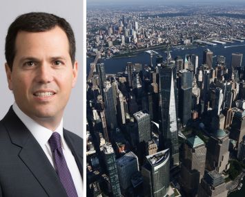 JLL's Andrew Scandalios and an aerial view of lower Manhattan.