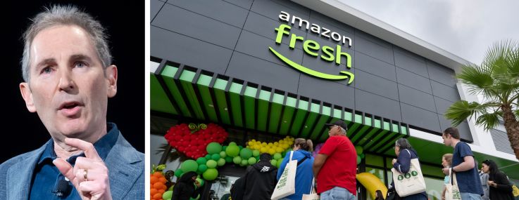 Amazon President and CEO Andy Jassy and an Amazon Fresh store in California.