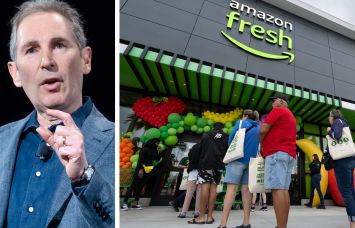 Amazon President and CEO Andy Jassy and an Amazon Fresh store in California.