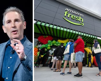 Amazon President and CEO Andy Jassy and an Amazon Fresh store in California.