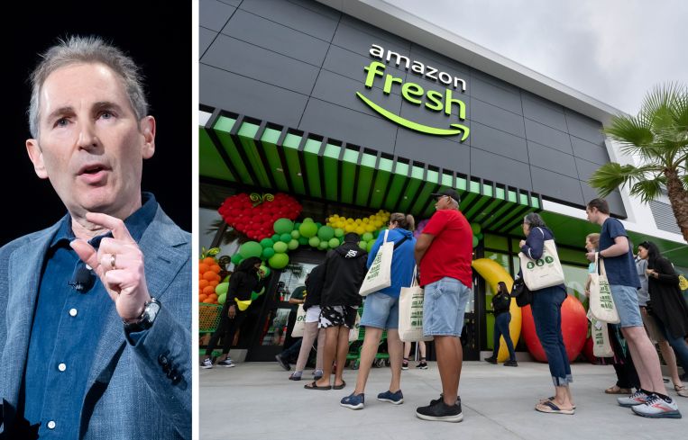 Amazon President and CEO Andy Jassy and an Amazon Fresh store in California.