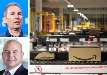 Amazon's Andy Jassy (top), Prologis' Dan Letter (bottom), and packages being sorted at an Amazon facility.
