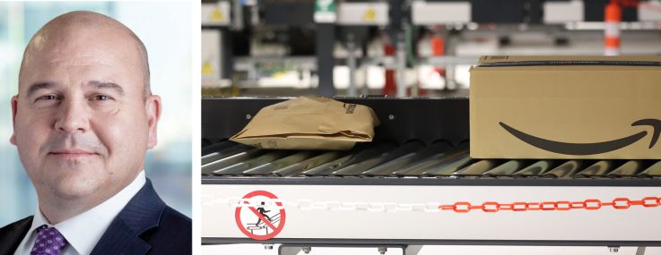 Amazon's Andy Jassy (top), Prologis' Dan Letter (bottom), and packages being sorted at an Amazon facility.