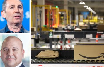 Amazon's Andy Jassy (top), Prologis' Dan Letter (bottom), and packages being sorted at an Amazon facility.