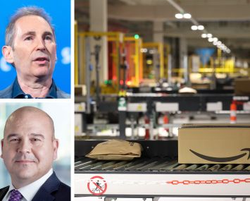 Amazon's Andy Jassy (top), Prologis' Dan Letter (bottom), and packages being sorted at an Amazon facility.