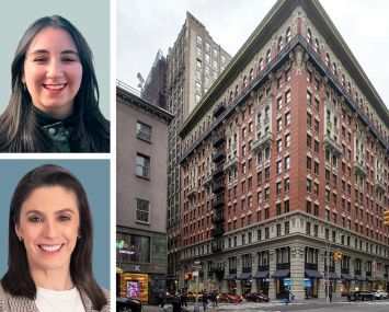 CBRE's Aylin Gucalp (top) and Cassie Durand (bottom), and 225 Fifth Avenue.