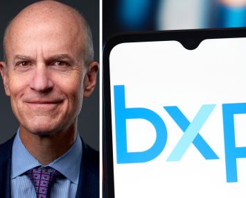 Chairman and CEO Owen Thomas and a mobile phone displaying the BXP logo.
