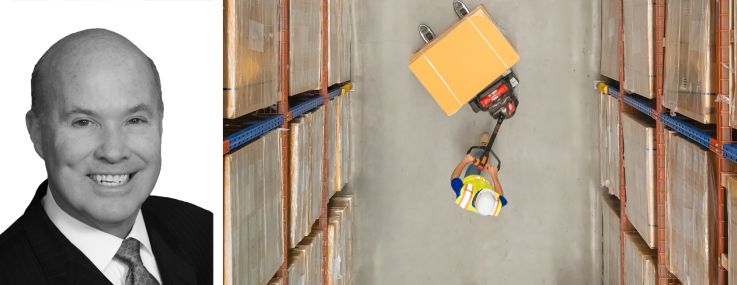 Newmark's Ben McCarty (top) and Jack Fraker (bottom), and a worker moving boxes inside a distribution center.