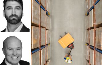 Newmark's Ben McCarty (top) and Jack Fraker (bottom), and a worker moving boxes inside a distribution center.