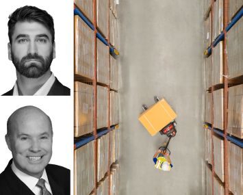 Newmark's Ben McCarty (top) and Jack Fraker (bottom), and a worker moving boxes inside a distribution center.