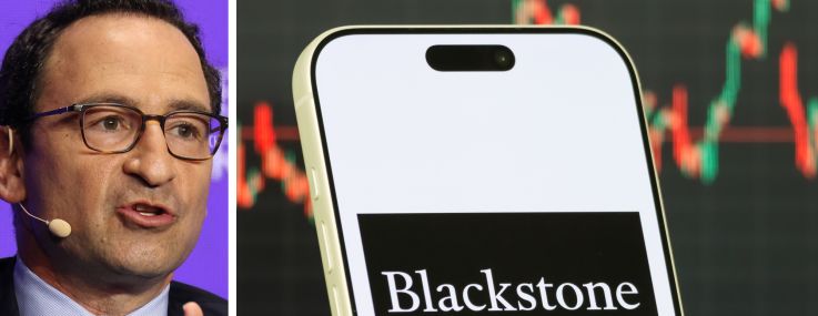 President and COO Jonathan Gray and the Blackstone logo displayed on a mobile phone.