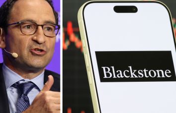 President and COO Jonathan Gray and the Blackstone logo displayed on a mobile phone.