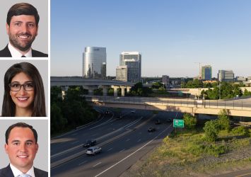 Berkadia's Brian Crivella (from top), Yalda Ghamarian, and Bill Gribbin, and an aerial view of Tysons, Va.