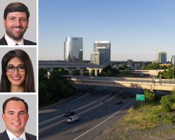 Berkadia's Brian Crivella (from top), Yalda Ghamarian, and Bill Gribbin, and an aerial view of Tysons, Va.