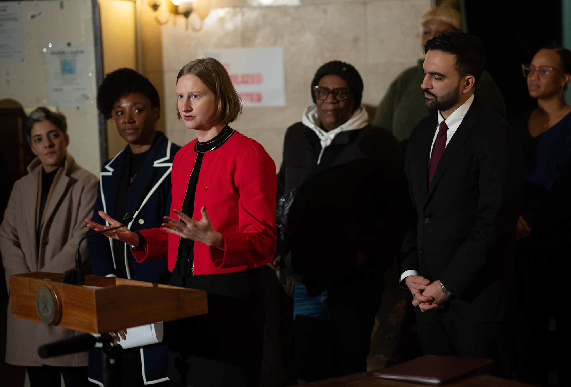 Cea Weaver, who was appointed as director of the Mayor's Office to Protect Tenants by Mayor Zohran Mamdani (right), speaks at a press conference.