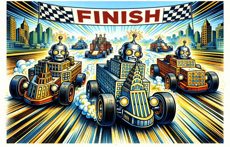 Robots racing to the finish line.