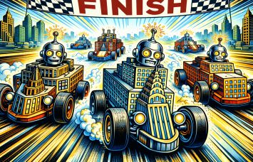 An illustration of robots racing to the finish line.