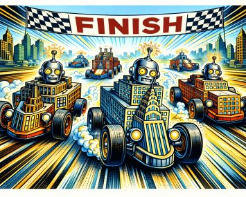 Robots racing to the finish line.