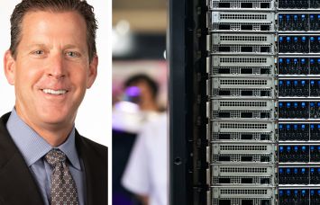 Developer Chuck Kuhn and a data center server.