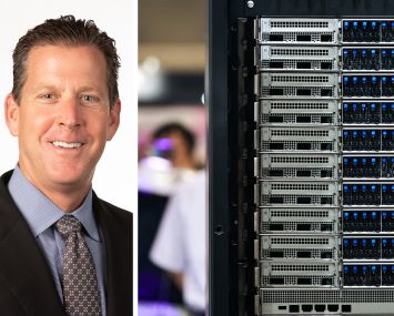 Developer Chuck Kuhn and a data center server.