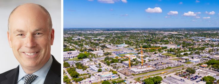 Darryl Button, Pacific Life Insurance president and CEO, and an aerial view of Boynton Beach, Fla.