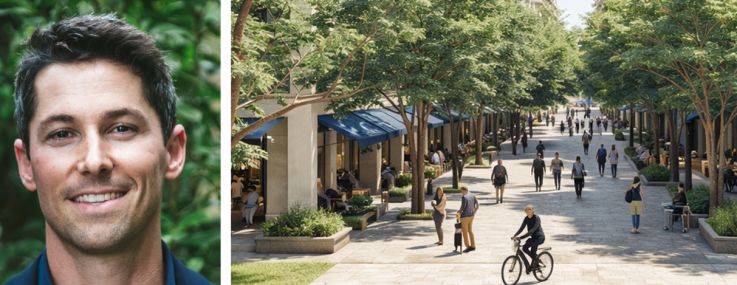 Terra's David Martin (top), Frisbie Group's Rob Frisbie Jr. (bottom) and a conceptual rendering of a pedestrian promenade on the One Boca campus.