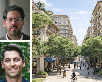 Terra's David Martin (top), Frisbie Group's Rob Frisbie Jr. (bottom) and a conceptual rendering of a pedestrian promenade on the One Boca campus.