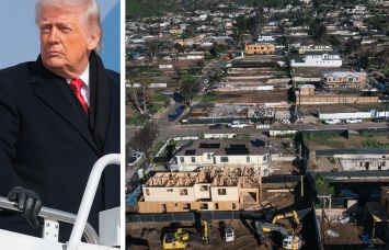 President Donald Trump and an aerial view of homes being rebuilt in Pacific Palisades neighborhood of Los Angeles.