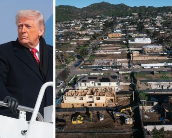 President Donald Trump and an aerial view of homes being rebuilt in Pacific Palisades neighborhood of Los Angeles.