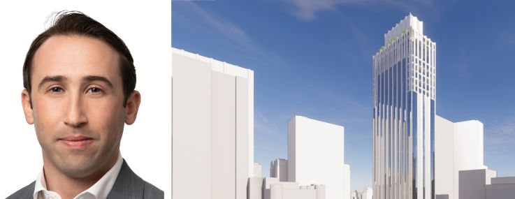 JLL's Ethan Stanton (top) and Andrew Scandalios (bottom), and a rendering of 75 Nassau Street.