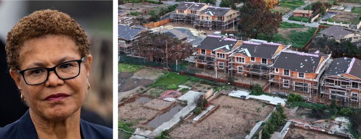 California Gov. Gavin Newsom (top), Los Angeles Mayor Karen Bass (bottom), and an aerial view of construction of 16 new homes at a planned community amid cleared lots where homes were destroyed by the Eaton Fire on January 5, 2026 in Altadena.