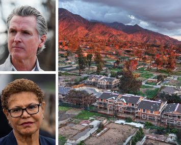 California Gov. Gavin Newsom (top), Los Angeles Mayor Karen Bass (bottom), and an aerial view of construction of 16 new homes at a planned community amid cleared lots where homes were destroyed by the Eaton Fire on January 5, 2026 in Altadena.