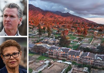 California Gov. Gavin Newsom (top), Los Angeles Mayor Karen Bass (bottom), and an aerial view of construction of 16 new homes at a planned community amid cleared lots where homes were destroyed by the Eaton Fire on January 5, 2026 in Altadena.